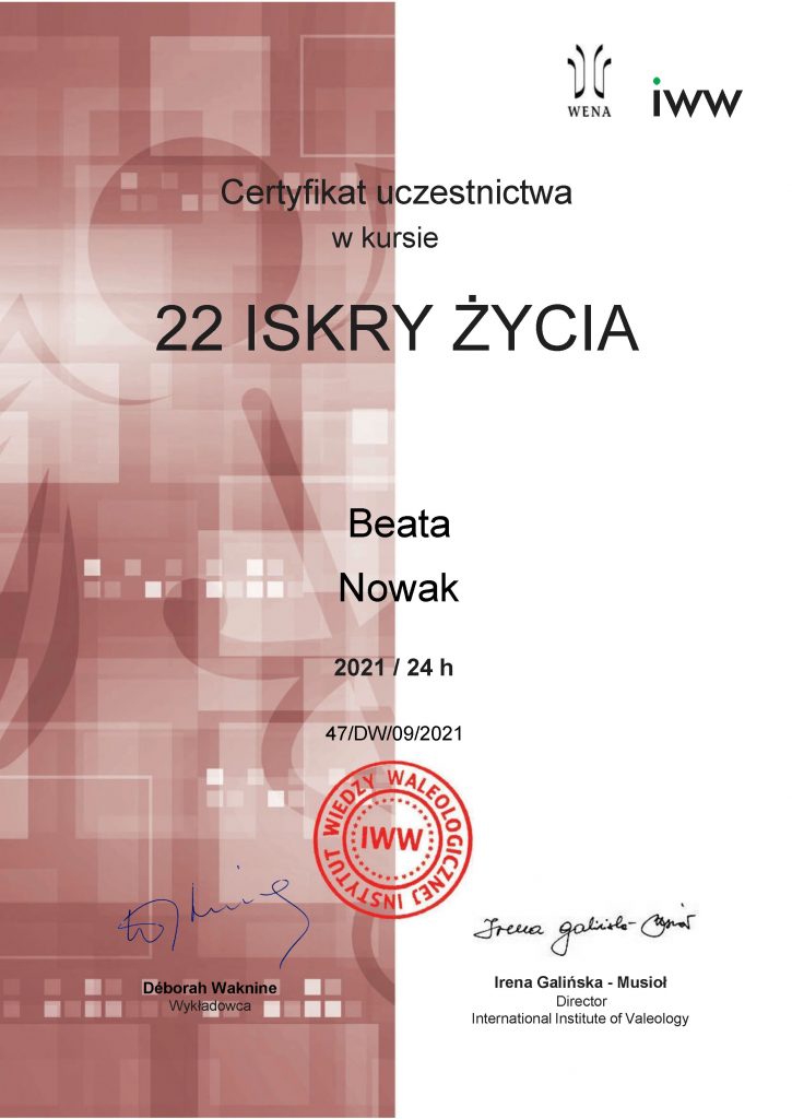 Certyfikat uczestnictwa w kursie 22 ISKRY ŻYCIA